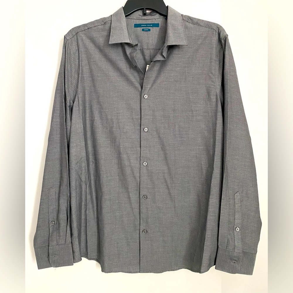 Perry Ellis Gray 100% Cotton Slim Fit Button Down Shirt size XL